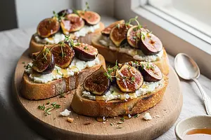 Baked figs with goat cheese, honey, and thyme on crispy toast