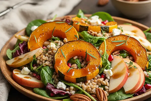 Jesienna Sałatka z Pieczoną Dynią, Kaszą Pęczak i Sosem Klonowym