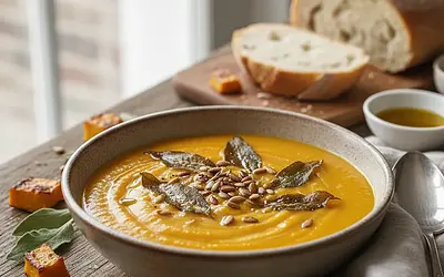 Creamy roasted pumpkin soup with sage chips and toasted seeds