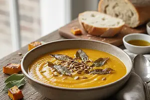 Creamy roasted pumpkin soup with sage chips and toasted seeds