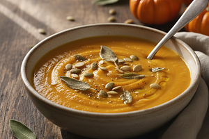 Velvety roasted pumpkin cream with sage chip and toasted seeds