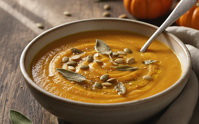 Aksamitny krem z pieczonej dyni z chipsem z szałwii i prażonymi pestkami