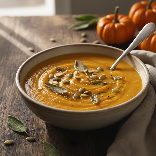 Velvety roasted pumpkin cream with sage chip and toasted seeds