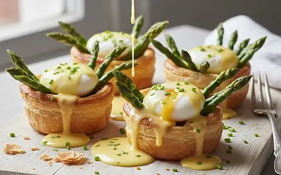 Asparagus Nest with Puff Pastry, Quail Egg, and Hollandaise Sauce