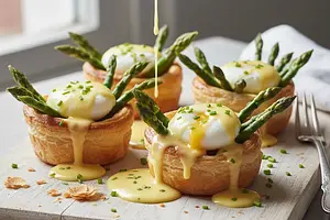 Asparagus Nest with Puff Pastry, Quail Egg, and Hollandaise Sauce