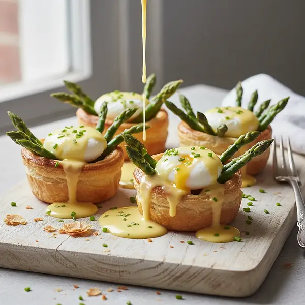 Asparagus Nest with Puff Pastry, Quail Egg, and Hollandaise Sauce