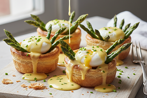 Asparagus Nest with Puff Pastry, Quail Egg, and Hollandaise Sauce