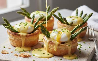 Asparagus Nest with Puff Pastry, Quail Egg, and Hollandaise Sauce