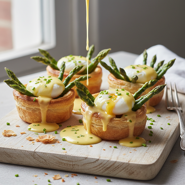 Asparagus Nest with Puff Pastry, Quail Egg, and Hollandaise Sauce