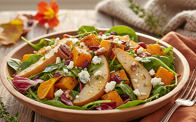 Autumn Salad with Roasted Pumpkin, Pear, and Blue Cheese