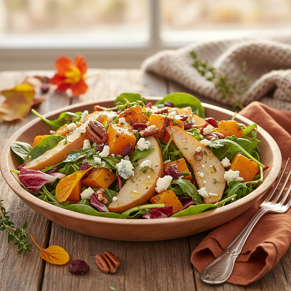 Autumn Salad with Roasted Pumpkin, Pear, and Blue Cheese