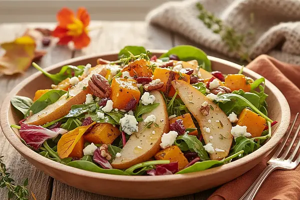 Jesienna Sałatka z Pieczoną Dynią, Gruszką i Serem Pleśniowym