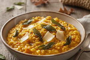 Creamy Pumpkin Risotto with Crispy Sage and Parmesan