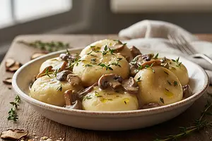 Kremowe Kluski Kładzione w Sosie Grzybowym z Tymiankiem