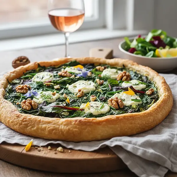 Wiosenna tarta z botwinką, kozim serem i orzechami włoskimi