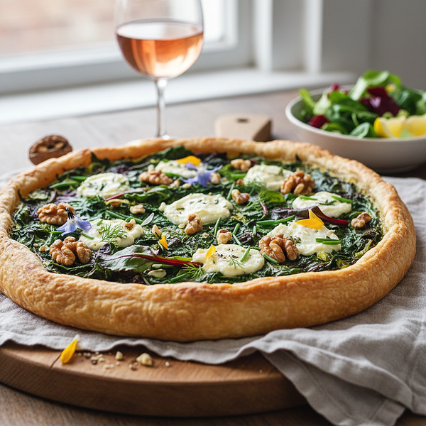 Wiosenna tarta z botwinką, kozim serem i orzechami włoskimi