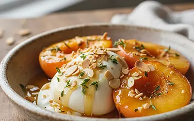 Pieczone brzoskwinie z burratą, miodem tymiankowym i prażonymi migdałami