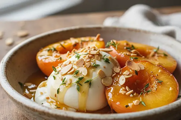 Pieczone brzoskwinie z burratą, miodem tymiankowym i prażonymi migdałami