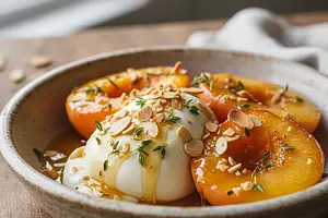 Pieczone brzoskwinie z burratą, miodem tymiankowym i prażonymi migdałami