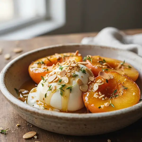 Pieczone brzoskwinie z burratą, miodem tymiankowym i prażonymi migdałami