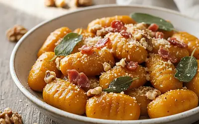 Kremowe Gnocchi Dyniowe z Szałwiowym Masłem, Chrupiącym Boczkiem i Orzechami Włoskimi