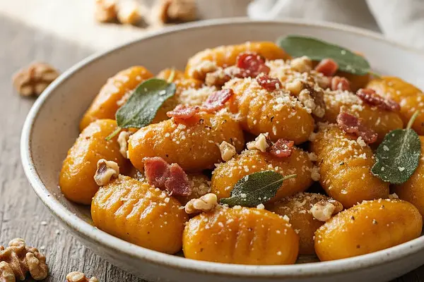 Kremowe Gnocchi Dyniowe z Szałwiowym Masłem, Chrupiącym Boczkiem i Orzechami Włoskimi
