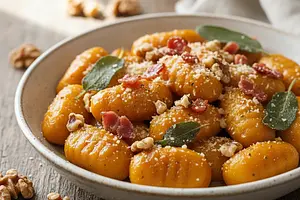Kremowe Gnocchi Dyniowe z Szałwiowym Masłem, Chrupiącym Boczkiem i Orzechami Włoskimi