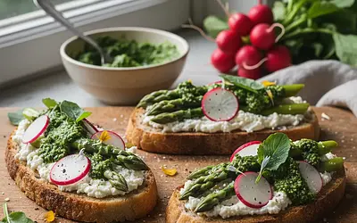 Wiosenne Grzanki z Ricottą, Szparagami i Pesto z Liści Rzodkiewki