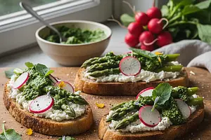 Wiosenne Grzanki z Ricottą, Szparagami i Pesto z Liści Rzodkiewki