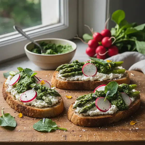 Wiosenne Grzanki z Ricottą, Szparagami i Pesto z Liści Rzodkiewki