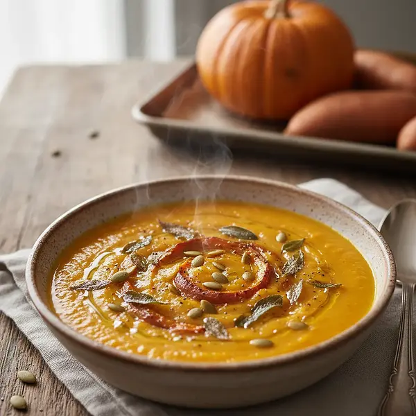 Kremowa Zupa z Pieczonej Dyni i Batatów z Chrupiącą Szałwią