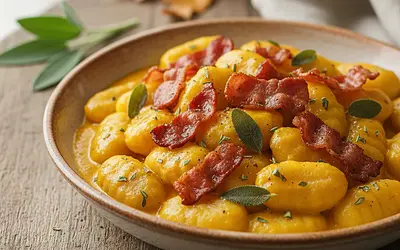 Kremowe gnocchi w sosie dyniowo-szałwiowym z chrupiącym boczkiem