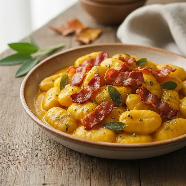 Kremowe gnocchi w sosie dyniowo-szałwiowym z chrupiącym boczkiem