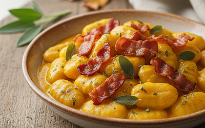 Kremowe gnocchi w sosie dyniowo-szałwiowym z chrupiącym boczkiem