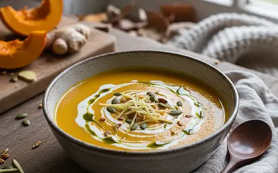 Aksamitny krem z pieczonej dyni z mlekiem kokosowym i nutą imbiru