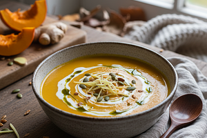 Aksamitny krem z pieczonej dyni z mlekiem kokosowym i nutą imbiru