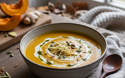 Aksamitny krem z pieczonej dyni z mlekiem kokosowym i nutą imbiru