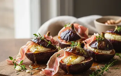 Pieczone Figi z Kozim Serem, Prosciutto i Miodem Tymiankowym