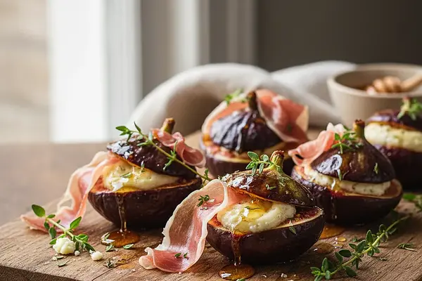 Pieczone Figi z Kozim Serem, Prosciutto i Miodem Tymiankowym