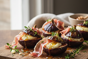 Pieczone Figi z Kozim Serem, Prosciutto i Miodem Tymiankowym