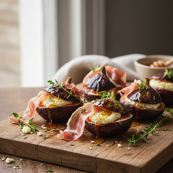 Pieczone Figi z Kozim Serem, Prosciutto i Miodem Tymiankowym