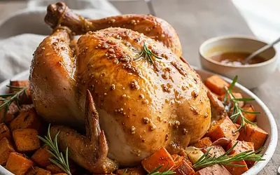 Kurczak pieczony z batatami i rozmarynem w glazurze miodowo-musztardowej