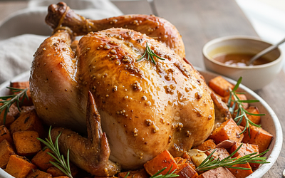 Kurczak pieczony z batatami i rozmarynem w glazurze miodowo-musztardowej