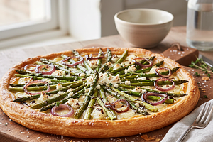 Tarta z zielonymi szparagami, kozim serem i karmelizowaną czerwoną cebulą