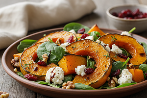 Ciepła Sałatka z Pieczoną Dynią, Kozim Serem i Żurawiną
