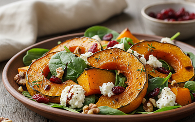 Ciepła Sałatka z Pieczoną Dynią, Kozim Serem i Żurawiną