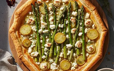 Wiosenna Tarta z Szparagami, Kozim Serem i Młodymi Ziemniakami na Kruchym Spodzie