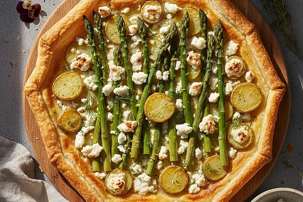 Wiosenna Tarta z Szparagami, Kozim Serem i Młodymi Ziemniakami na Kruchym Spodzie