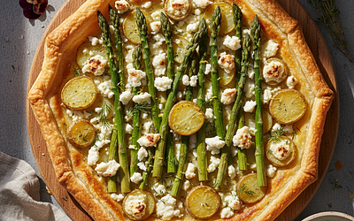 Wiosenna Tarta z Szparagami, Kozim Serem i Młodymi Ziemniakami na Kruchym Spodzie