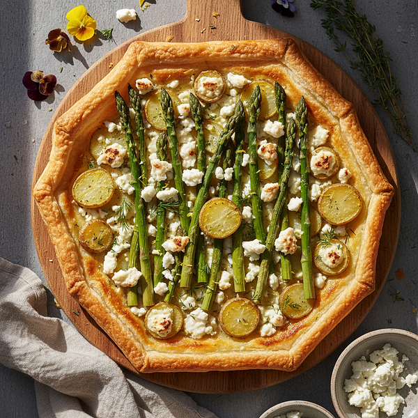 Wiosenna Tarta z Szparagami, Kozim Serem i Młodymi Ziemniakami na Kruchym Spodzie